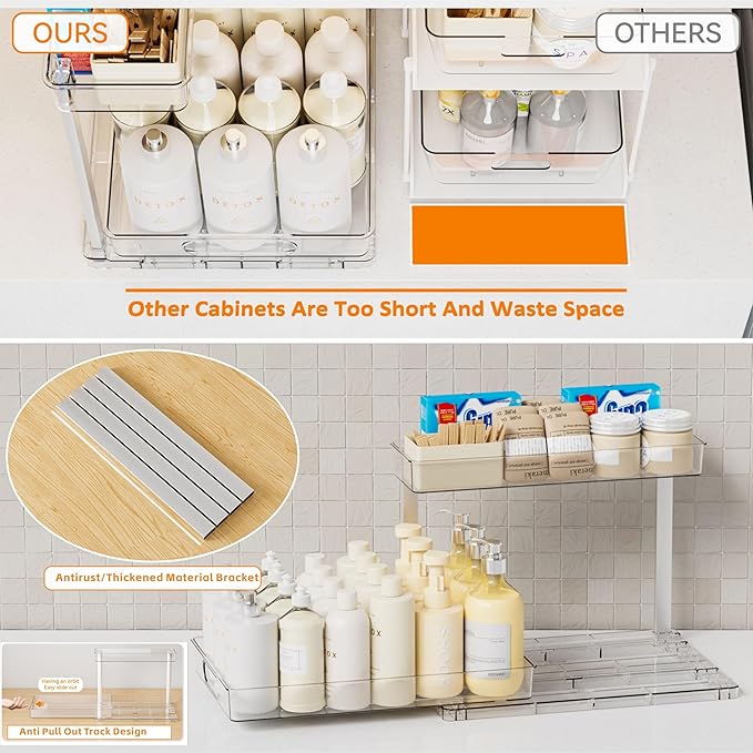 Yieach 2 Pack Kitchen Sink Organizer Under Cabinet,14.5 Inch Deep Clear Under Sink Storage Rack for Bathroom,Apartments and Small Space,Two Tier Pull Out Vanity Cabinet Organizer & Undersink Storage