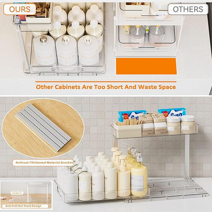 Yieach 2 Pack Kitchen Sink Organizer Under Cabinet,14.5 Inch Deep Clear Under Sink Storage Rack for Bathroom,Apartments and Small Space,Two Tier Pull Out Vanity Cabinet Organizer & Undersink Storage