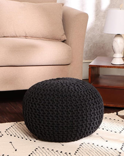 REDEARTH Round Pouf Foot Stool Ottoman - Hand Knitted Bean Bag - Cord Boho Pouffe - Cable Poof Footrest for Living Room - Nursery - Bedroom - Patio - 100% Cotton - Home Decor (19.5"x19.5"x14") - Black