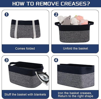 Storage Basket for Organizing, Woven Baskets for Storage, Rectangle Decorative Baskets for Shleves, Closet, Toys, Books, Nursery Organizer Bins - Pack of 3 (Blue & Black)