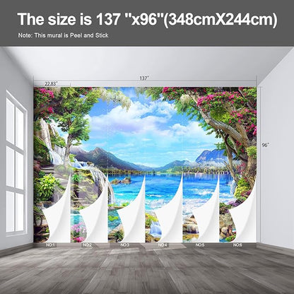 Landscape Lake Waterfall Wall murals Peel and Stick Wallpaper for Bedroom Living Room - 96"x137"