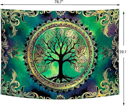 Delur Tree of Life Tapestry Green Nature Bohemian Mandala Spiritual Tapestry Wall Hanging Mystical Landscape Hippie Psychedelic Headboard for Bedroom Living Room Home Decor (59.1" x 78.7")