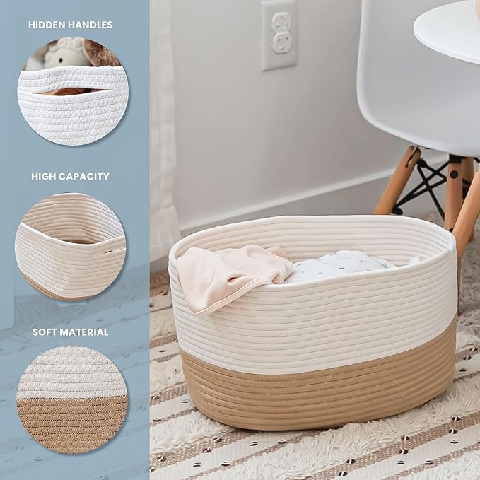 OrganiHaus Set of 3 Woven Storage Baskets for Organizing, Cotton Rope Organizer Bins for Shelves, Closet & Nursery, Dog Toy Basket, Decorative Bins for Toys, Towels & Books - 15x10x9, Honey/Off-White