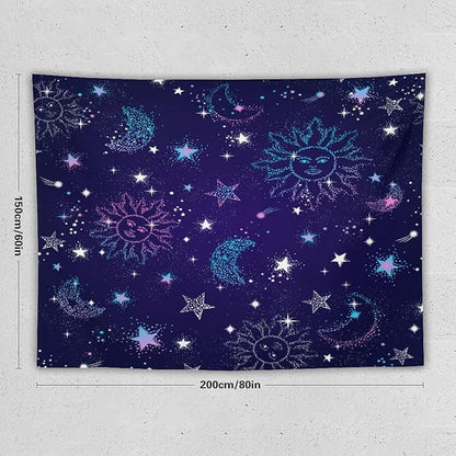 HZOHNAGO Boho Sun Moon Tapestry Purple Blue Sun Stars Galaxy Pattern Printed Wall Tapestry Wall Hanging for Bedroom Living Room Dorm 80" W x 60" H