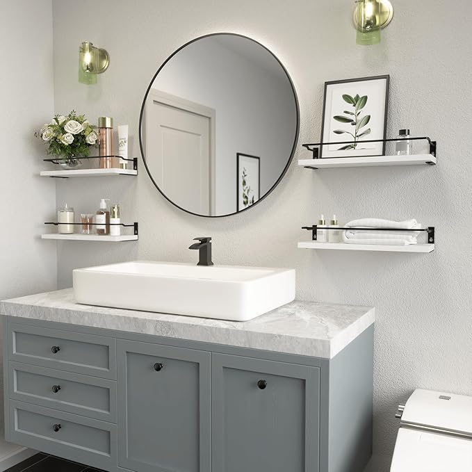 RICHER HOUSE White Bathroom Floating Wall Shelf Set of 4, Small Organizer Over Toilet Storage, Guard-Rail Kitchen Shelves - White