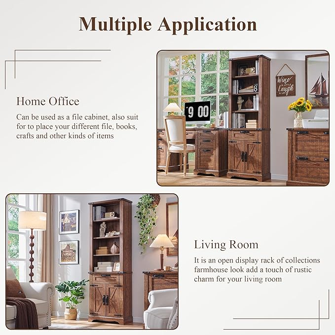 RedLemon Bookshelf with Storage Cabinet, 72" Tall Farmhouse Bookcase with Adjustable Shelves and Barn Door, 4 Tier Office Wood Bookshelf with Drawer for Library Living Room (Reclaimed Barnwood Color)