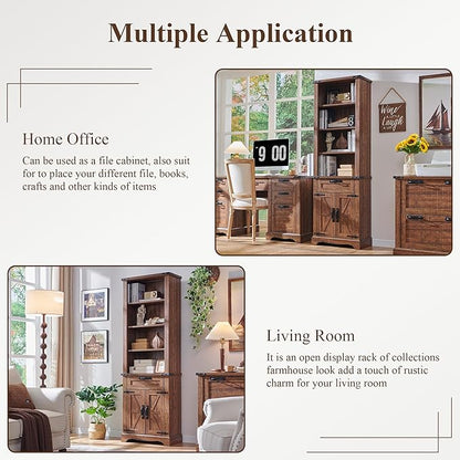 RedLemon Bookshelf with Storage Cabinet, 72" Tall Farmhouse Bookcase with Adjustable Shelves and Barn Door, 4 Tier Office Wood Bookshelf with Drawer for Library Living Room (Reclaimed Barnwood Color)