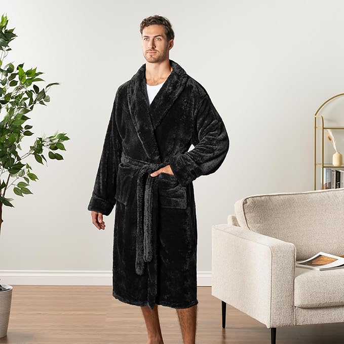 PAVILIA Mens Soft Robe, Plush Fluffy Fleece Bathrobe Men, Long Sherpa Shaggy Spa Robe