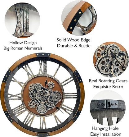 DORBOKER 24" Original Moving Gears Wall Clock, Large Industrial Wall Clock for Living Room Decor, Retro Wood Vintage Farmhouse Steampunk Rustic Clocks for Wall Decor,Brown Nanmu