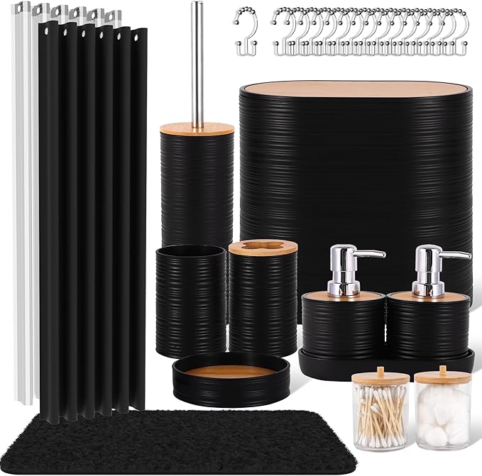 Black Bathroom Set, 25 PCS Bathroom Accessories Set with Shower Curtains, Rugs, Trash Can, Toothbrush Holder, Soap Dispensers, Toothbrush Cup, Vanity Tray, Soap Dish, Toilet Brush, Qtip Holders