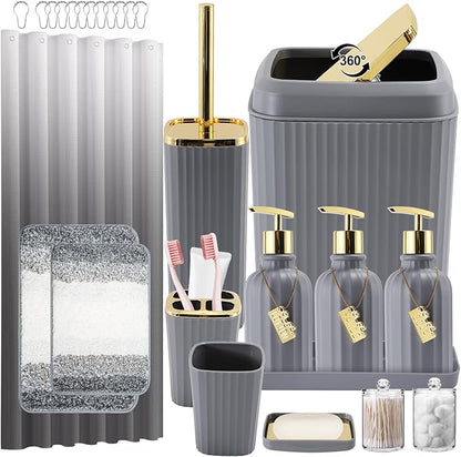 32PCS Bathroom Set Bathroom Sets with Shower Curtain and Rugs Grey Bathroom Accessories,Shower Curtain Set,Bathroom Rug Set with Bathroom Trash Can