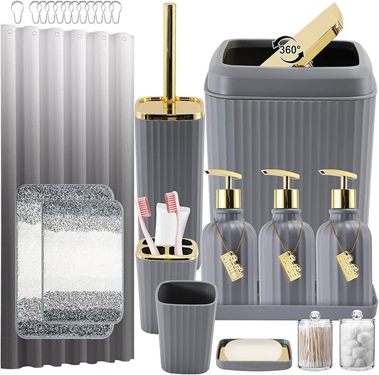 32PCS Bathroom Set Bathroom Sets with Shower Curtain and Rugs Grey Bathroom Accessories,Shower Curtain Set,Bathroom Rug Set with Bathroom Trash Can