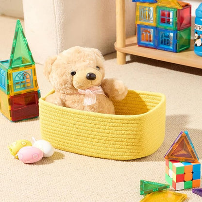 Small Storage Baskets for Organizing | Closet Organizer Bins | Shelf Toy Basket | Woven Rope Baskets | Cube Decorative Box | Shallow Basket | 11.5x7.5x4.7” | 4 Packs Yellow