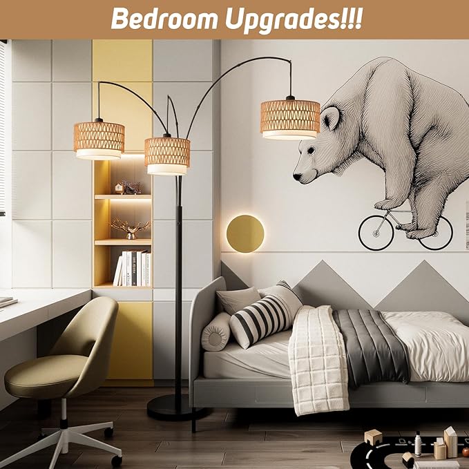 Rattan Floor Lamp for Living Room, 80 Inch Tall Boho Floor Lamp with Rotary Switch, 3 Lights Arc Lamp with Wicker Shade for Coastal,Bohemian,Tree Farmhouse Standing Lamp