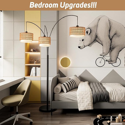 Rattan Floor Lamp for Living Room, 80 Inch Tall Boho Floor Lamp with Rotary Switch, 3 Lights Arc Lamp with Wicker Shade for Coastal,Bohemian,Tree Farmhouse Standing Lamp