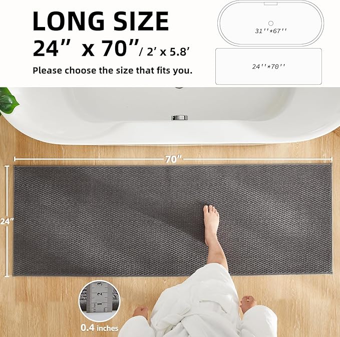 Bathroom Runner Rugs, Long Bath Mat Runner Washable Thin Quick Dry Low Pile Bathroom Runner Rugs Non Slip, Dark Grey 24"x70"