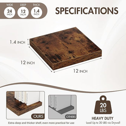 12 Inch Floating Shelves, 12" Deep Floating Shelf Wall Mounted, 12" Wall Shelves, Rustic Deep Bookshelf, Extra Deeper Display Shelves & Storage Shelves for Bedroom, Living Room, Set of 3
