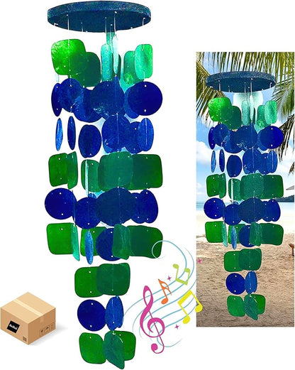 Bellaa 24858 Wind Chimes Outdoor, Garden Decorations, Musical, Indoor/Outside Windchimes, Beach, Ocean Breeze, Gifts for Mom, Gift for All Occasions, Capiz Sea Glass Shells Wood 27 inch Green Blue