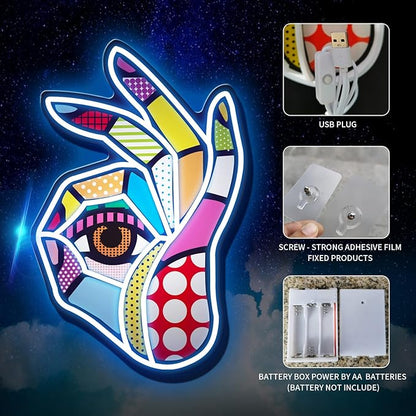 POP LED Neon Sign, Battery & USB Operated - Okay Neon Sign Wall Decor, Hands Off Home, Bedroom Decoration