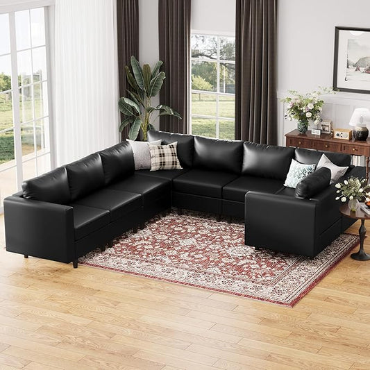 118.5" Faux Leather Modular Sectional Sofa, U Shaped Couch Set for Living Room, Large 8-Seater Comfy Cloud Couches with Storage Seat DIY Combination - Black