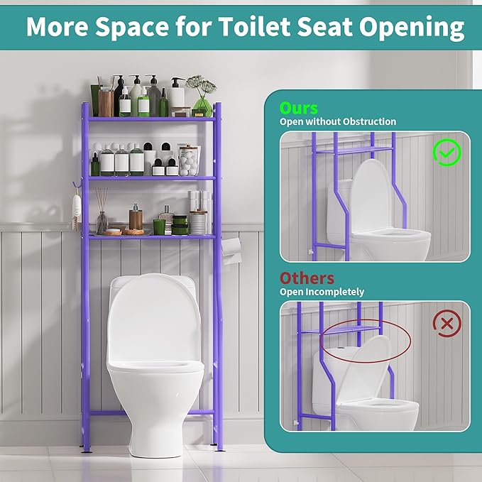3-Tier Over The Toilet Storage with Paper Holder, Metal Bathroom Organizers and Storage for Small Space, Freestanding Bathroom Shelves with 4 Hooks, Above The Toilet Storage Shelf, Purple