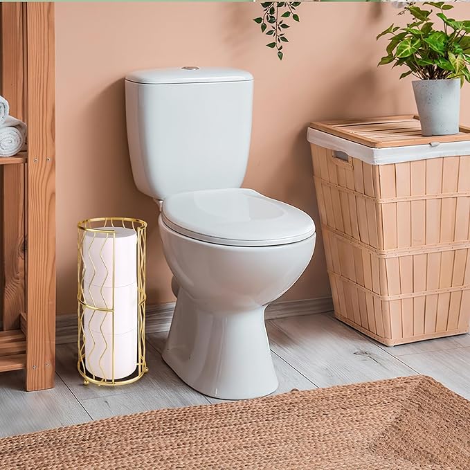 Decorative Metal Standing Toilet Tissue Holder for Bathroom/Powder Room, Compact Tissue Reserve for 3 Rolls of Toilet Paper Gold