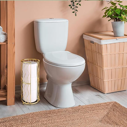 Decorative Metal Standing Toilet Tissue Holder for Bathroom/Powder Room, Compact Tissue Reserve for 3 Rolls of Toilet Paper Gold