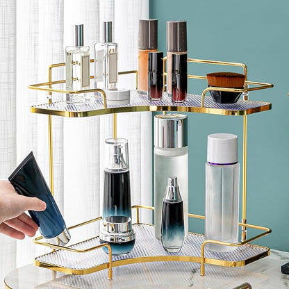 Seoneiro 2 Tier Corner Bathroom Counter Organizer, Cosmetic Skincare Organizer, Bathroom Countertop Perfume Tray Vanity Organizer, Kitchen Spice Corner Storage Shelf