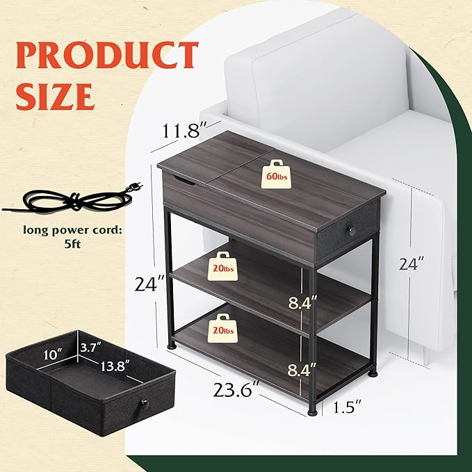 WLIVE Small Side Tables Living Room with Charging Station, Narrow End Table for Bedroom, Home Office, Small Spaces, Grey Couch Side Table with Storage, USB Ports and Outlets