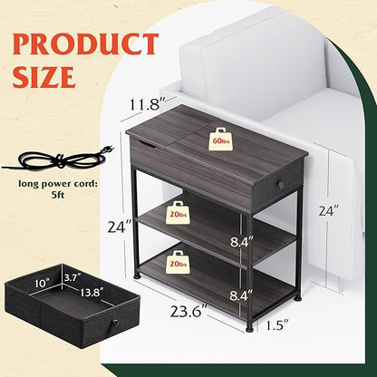 WLIVE Small Side Tables Living Room with Charging Station, Narrow End Table for Bedroom, Home Office, Small Spaces, Grey Couch Side Table with Storage, USB Ports and Outlets