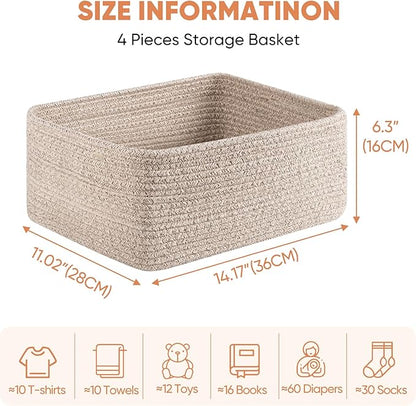 OIAHOMY 4 Pack 14.17*11.02*6.3IN Storage Baskets for Organizing Shelves, Woven Rope Baskets for Organizing Books, Clothes, Decorative Basket for Living Room, Nursery, Bedroom, Gift Basket, Brown