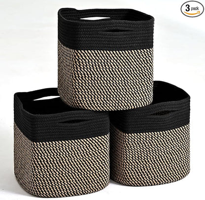 11 Inch Cube Storage Bins, Storage Cube Organizer Bins, Woven Cotton Rope Baskets for Storage, Storage Basket for Organizing Shelves, Square Baskets for Toys Nursery, Black & Jute (Pack of 3)