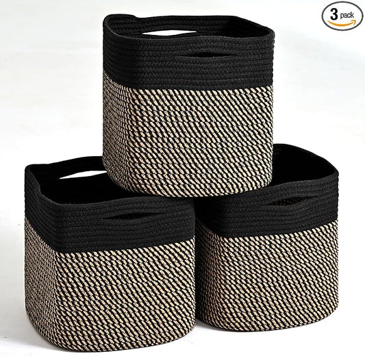 11 Inch Cube Storage Bins, Storage Cube Organizer Bins, Woven Cotton Rope Baskets for Storage, Storage Basket for Organizing Shelves, Square Baskets for Toys Nursery, Black & Jute (Pack of 3)