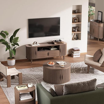 Round Coffee Table with Lifting Top,31.5”Mid Century Modern Lift Top Coffee Table with Hidden Compartment,Fluted Small Center Table for Living Room,Walnut