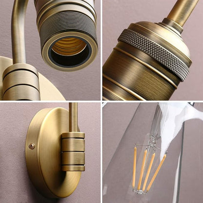 Yosoan 1-Light Brass Modern Vintage Indoor Wall Sconce, Vanity Single Luxury Hardwired Retro Textured Clear Oval Cone Glass Shade with Industrial Gooseneck Curved Rod Bathroom Lamp(Antique)