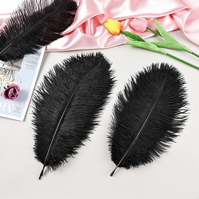 THARAHT Black Ostrich Feathers 12pcs Natural Bulk 8-10Inch 20cm-25cm for Crafts Wedding Party Centerpieces Halloween and Home Decoration Feathers