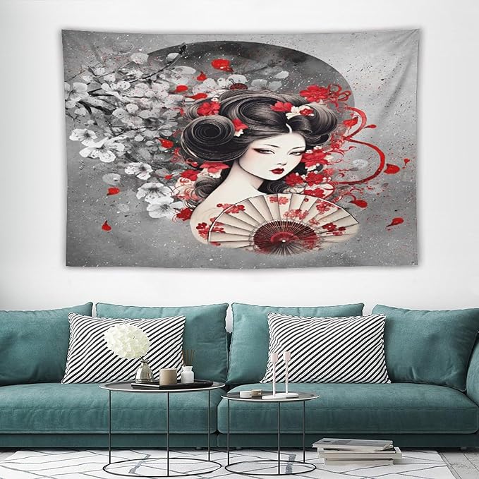 Japanese Geisha Tapestry Asian Red Cherry Blossom Red Sun Traditional Kimono Folk Tapestries Home Decor for Living Room Bedroom Apartment Farmhouse Dorm 60"x40"