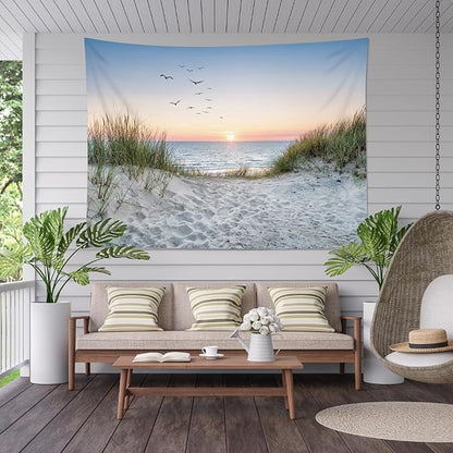HVEST Ocean Beach Tapestry Wall Hanging, Sunset Seabird and Beach with Grass Wall Hanging Tapestry Natural Landscape Tapestry for Bedroom Living Room Dorm Decoration Wall Decor, 80x60 Inches