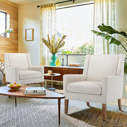 COLAMY Modern Wingback Living Room Chair Set of 2, Upholstered Fabric Accent Armchair, Single Sofa Chair with Lounge Seat and Wood Legs for Bedroom/Office/Reading Spaces, Beige