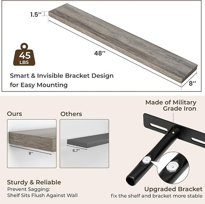 RICHFOCUS 48Inch Floating Shelves for Wall 2 Pack Shelves for Bedroom|Kitchen|Bathroom Wall Mounted Rustic Wood Floating Shelf with Invisible Brackets for Books|Storage|Decor, Grey
