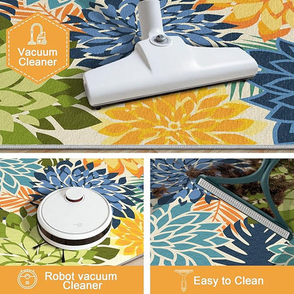 Area Rug 2x6 Yellow Green Washable Entry Rug Multicolored Tropical Botanical Modern Floral Indoor Kitchen Door Mat Entrance Carpet Non Slip for Bedroom Living Room, Porch