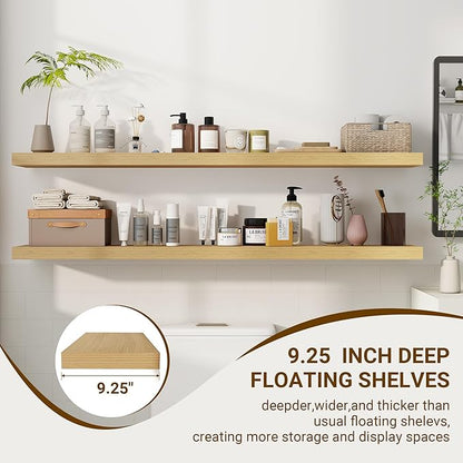 55 Inch Floating Shelves, 3D Textured Wood Grain, 55"x9.25"x1.5" Inch Deep Floating Shelves for Wall, Wooden Shelves for Bathroom, Bedroom, Living Room, Natural