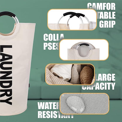 Caroeas 100L Laundry Basket,Large Laundry Hamper, Laundry Bag with Padded Handles, Clothes Hamper Stands Up Well, Collapsible Free Standing Easy Storage Washing Bin (Beige,100L)