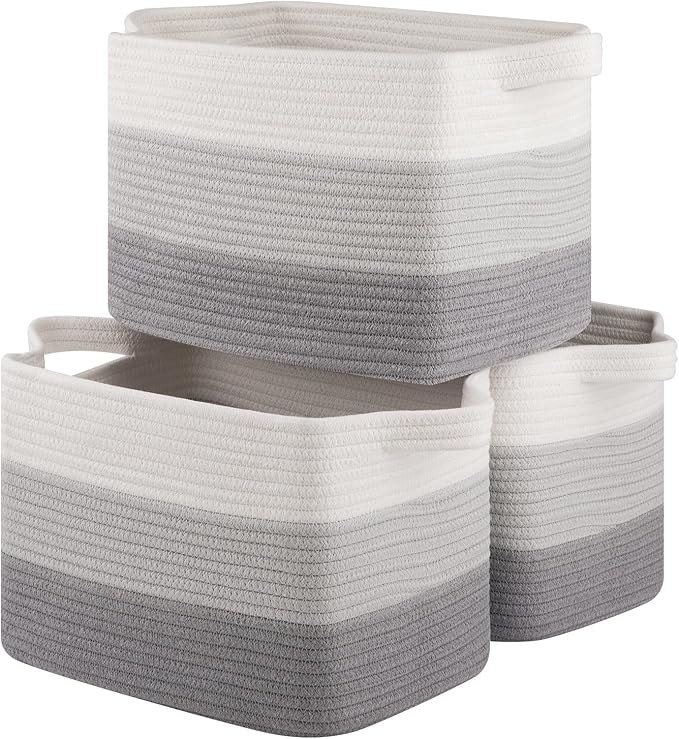 Storage Basket for Organizing, Woven Baskets for Storage, Rectangle Decorative Baskets for Shleves, Closet, Toys, Books, Nursery Organizer Bins - Pack of 3 (Gradient Gray)