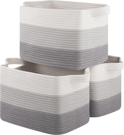 Storage Basket for Organizing, Woven Baskets for Storage, Rectangle Decorative Baskets for Shleves, Closet, Toys, Books, Nursery Organizer Bins - Pack of 3 (Gradient Gray)