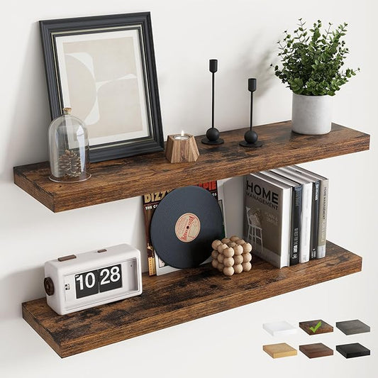 36 Inch Floating Shelves for Wall Set of 2, 8"D Wood Grain Bathroom Shelves with Invisible Brackets, Easy Install Engineered Wood Storage Shelves for Kitchen, Living Room, Bedroom, Rustic Brown Finish