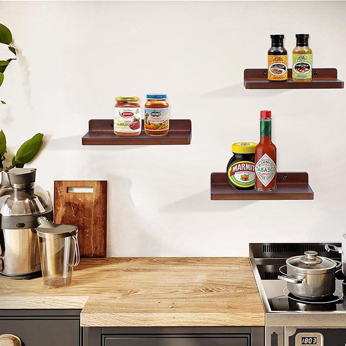 Small Floating Shelves for Wall,5x8.5 Inches Wall Shelf Set of 3,Display Shelf for Bedroom, Bathroom, Kitchen Decor (Dark Walnut)