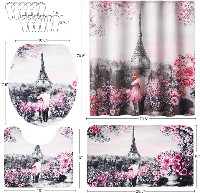 Bathroom Accessories Set with Shower Curtain Bath Rugs Pink Paris Bathroom Accessories with Trash Can, Shower Curtain Set,Bath Rugs for Home Decor