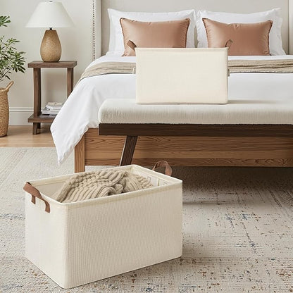 StorageWorks Storage Bins, Shelves Baskets for Organizing, 45L Extra Large Fabric Closet Organizers with Handles, Metal Frame, Beige（Texture）, 2-Pack