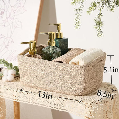 Small Storage Baskets for Organizing | Closet Organizer Bins | Shelf Toy Basket | Woven Rope Baskets | Cube Decorative Box | Shallow Basket | 13x8.5x5.1” | 4 Packs Mixed Brown